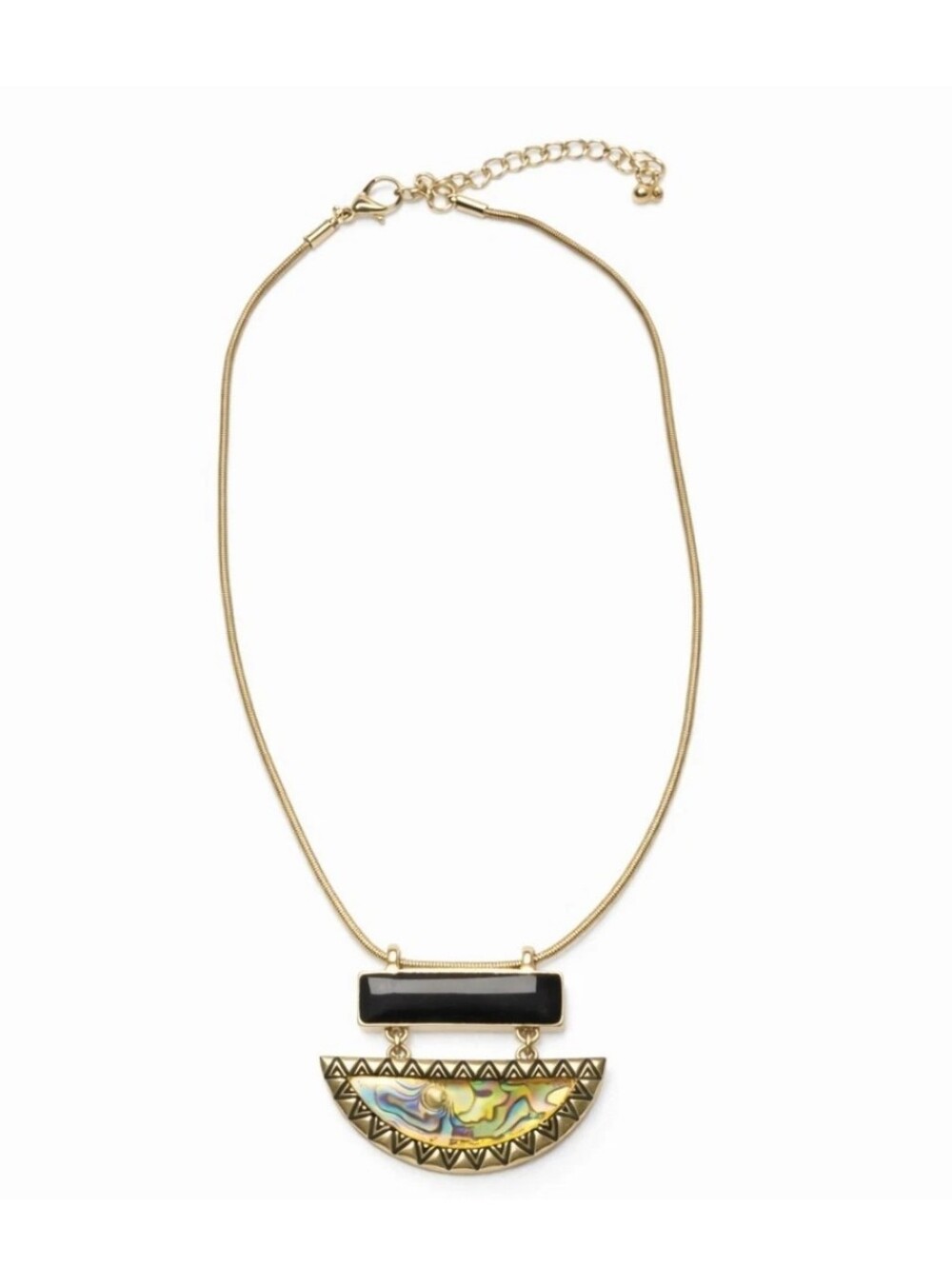 Vintage Abalone Shell Geometric Pendant Necklace Gold Tone Half Moon Boho